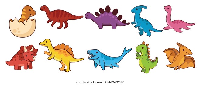 A colorful and playful collection of cartoon-style dinosaurs, including a mix of species like T-Rex, Stegosaurus, and Brachiosaurus, perfect for kids' projects and prehistoric themes.