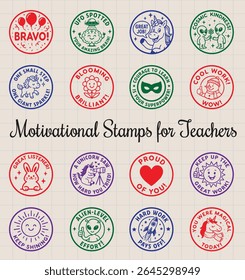 Uma coleção colorida e divertida de designs de selos motivacionais criados para os professores incentivarem e recompensarem os alunos.