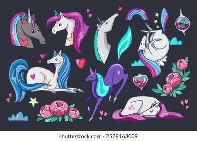 A colorful and playful collection of various unicorns with different expressions and elements like rainbows and hearts on dark background