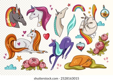 A colorful and playful collection of various unicorns with different expressions and elements like rainbows and hearts on beige background