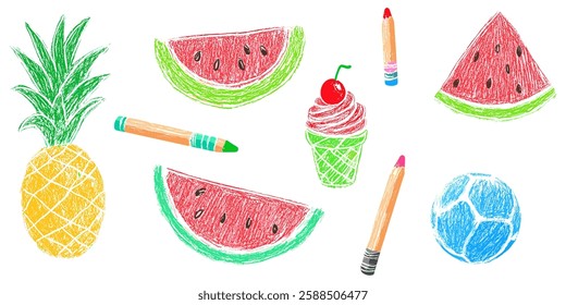 Colorful and Playful Crayon Drawing of Summer Treats and School Supplies Illustration