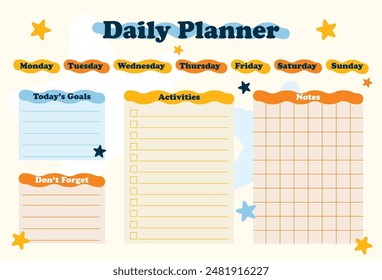 colorful and playful daily planner template, designed to organize and manage weekly schedules efficiently.