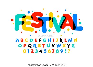 Colorful playful festival or carnival style font design, alphabet letters and numbers vector illustration