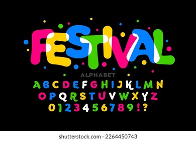 Colorful playful festival or carnival style font design, alphabet letters and numbers vector illustration