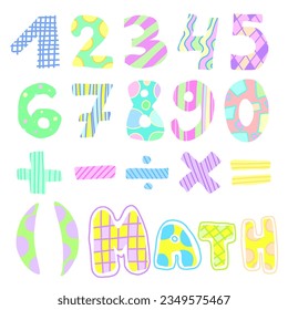 Colorful and playful hand drawn numbers for children. Vector illustration for games and preschool activities.