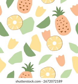 Colorful and playful hand-drawn seamless pattern with pineapple and yabstract shapes