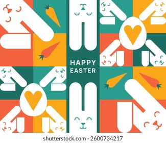 Colorful playful Happy Easter card in geometric style with bunnies, and eggs. Vector illustration.