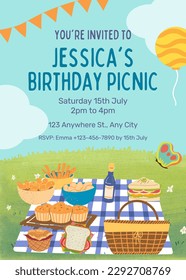 Colorful Playful Illustrated Picnic Birthday Party Invitation: Vector Template