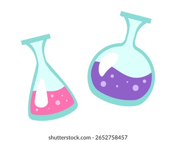 A colorful and playful illustration of a beaker filled with vibrant liquids, perfect for back to school theme, science, chemistry, or educational designs. Vector illustration