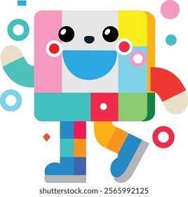 a colorful, playful illustration of a character composed of various geometric shapes and bright colors. The character has a square head with a smiling face, featuring large, expressive eye