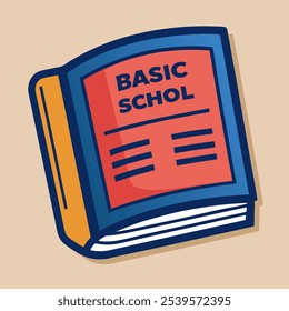 A colorful and playful illustration of a closed book titled 'Basic School', perfect for representing education, learning, and childhood. This cartoon-style image is ideal for children's books.