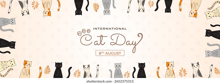 Colorful and playful illustration featuring adorable cats and floral decorations for International Cat Day on August, evoking feelings of joy and appreciation for cats.
