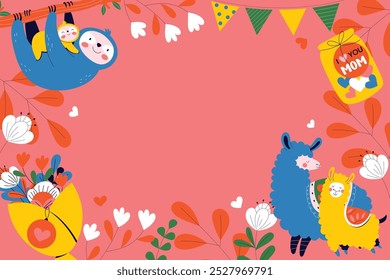 A colorful and playful illustration featuring a sloth hanging from a branch with two children, two llamas, and various flowers and leaves. 