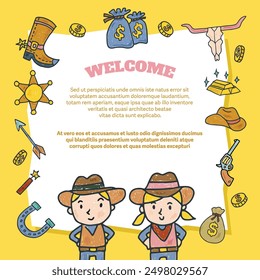 A colorful and playful illustration of the Wild West, featuring two young cowboys, a variety of Western symbols, and a welcome message.