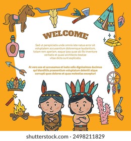 A colorful and playful illustration of the Wild West, featuring two young native Americans, including elements like a horse, a skull, feathers, a tipi, and arrow