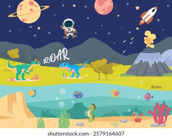 Colorful and playful kids' mural featuring [cute animals, cartoon-style illustrations, space theme, jungle scenery with lava, Sea animals and fishes]. Perfect for children's bedrooms