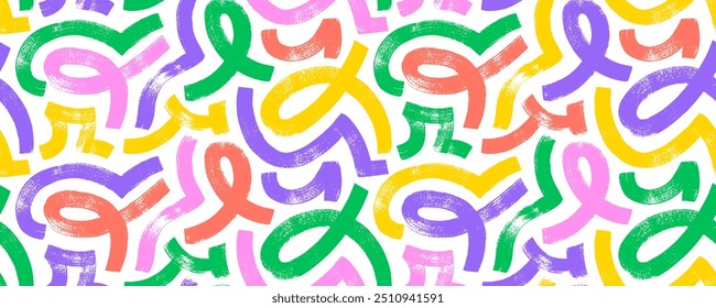 Patrón inconsútil del laberinto juguetón colorido con garabatos audaces. Pincel dibujado con líneas curvas desordenadas. Garabatos desordenados, líneas onduladas y rizadas, motivo de laberinto. Diseño de Anuncio abstracto creativo en estilo de niño.