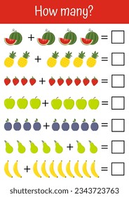 Colorful, playful math worksheets for early child development, addition, and subtraction exercises for preschool education, pedagogic use. Vegetables, fruits mathematic lists. Counting, how many game