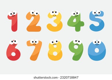 Colorful and playful number cartoon characters for kids, from zero to nine. Vector illustration.