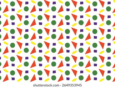 A colorful, playful pattern with geometric shapes like circles, triangles, ovals, and squares on a white background.