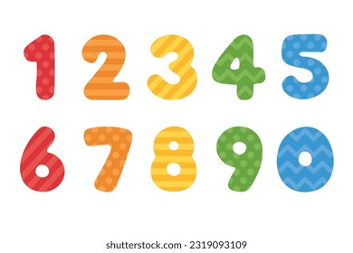 Colorful and playful pattern numbers for kids, from zero to nine. Vector illustration.