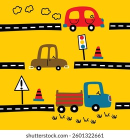 Colorful playful road signs with vehicles and traffic elements on bright yellow background. Children's theme concept
