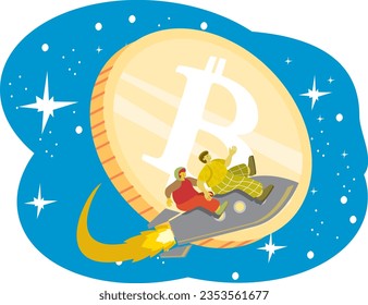 colorful and playful rocket with fire at the bottom launch to the moon with cryptocurrency bitcoin. good for trading,news,crypto,investment,bank,investor