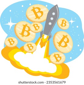 colorful and playful rocket with fire at the bottom launch to the moon with cryptocurrency bitcoin. good for trading,news,crypto,investment,bank,investor