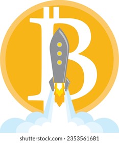 colorful and playful rocket with fire at the bottom launch to the moon with cryptocurrency bitcoin. good for trading,news,crypto,investment,bank,investor