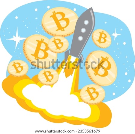 colorful and playful rocket with fire at the bottom launch to the moon with cryptocurrency bitcoin. good for trading,news,crypto,investment,bank,investor