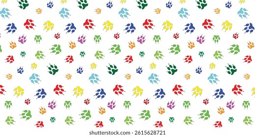 colorful and playful scatter seamless pattern with wolf footprints for wrapping, textile, wallpaper and other. animal footprints background for kids.