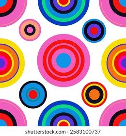 Colorful and playful seamless pattern with concentric circles. Great for kids' products, fashion, and vibrant designs.