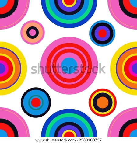 Colorful and playful seamless pattern with concentric circles. Great for kids' products, fashion, and vibrant designs.