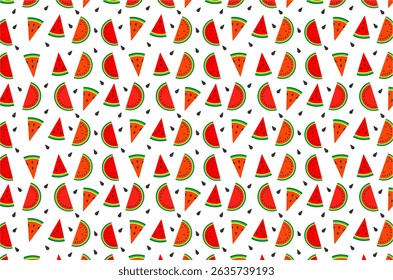 A colorful and playful seamless pattern featuring various watermelon slices and seeds. Ideal for summer-themed designs, textile prints, wrapping paper, digital backgrounds, and food-related projects.