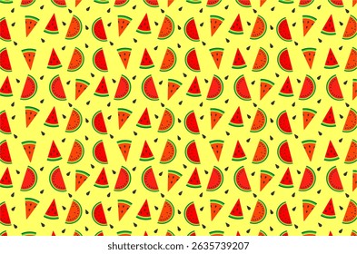 A colorful and playful seamless pattern featuring various watermelon slices and seeds. Ideal for summer-themed designs, textile prints, wrapping paper, digital backgrounds, and food-related projects.