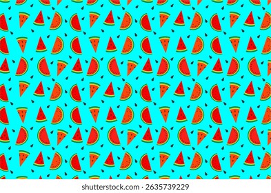 A colorful and playful seamless pattern featuring various watermelon slices and seeds. Ideal for summer-themed designs, textile prints, wrapping paper, digital backgrounds, and food-related projects.