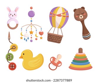 Farbige und spielerische Babyspielzeug- und Babyartikel. Rattle, Teething Ring, Air Balloon, Rubber Duck und Pacifier für Einladungen von Babyduschen oder den Verkauf von Babyprodukten. Cartoon-Vektorgrafik