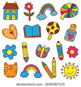A colorful and playful set of cartoon doodles, including a house, rainbow, sun, cat, book, heart, pencil, paint palette, and various flowers. The design is cheerful and ideal for children's themes.