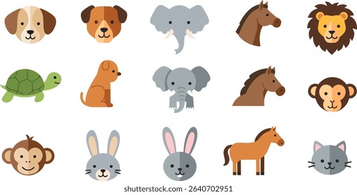 A colorful and playful set of flat vector animal icons featuring a variety of animals including dogs, elephants, horses, lions, turtles, monkeys, rabbits, and cats. Ideal for educational materials
