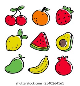 Colorido y juguetón conjunto de ilustraciones de frutas dibujadas a mano, con cerezas, naranja, fresa, limón, sandía, aguacate, mango, plátano y granada. Perfecto para decoración, pegatinas y diseño