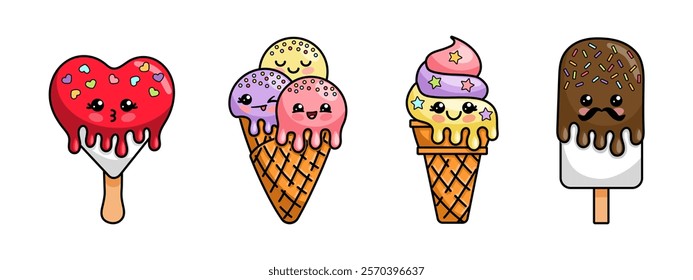 A colorful and playful set of kawaii-style ice cream illustrations featuring adorable faces on different types of frozen treats. Perfect for use in children's designs, greeting cards, or summer-themed