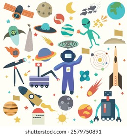 A colorful and playful space-themed illustration featuring astronauts, rockets, planets, aliens, telescopes, stars, and other cosmic elements on a light background. The design emphasizes exploration