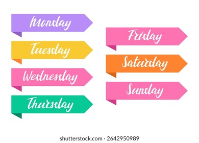 Colorful and playful stickers with days of week, perfect for planners, journals, and creative projects. . Vector illustration