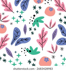 Ilustração vetorial colorida e divertida com uma variedade de folhas, flores e estrelas em cores pastel vibrantes. Perfeito para projetos de primavera ou verão, papelaria e projetos decorativos.