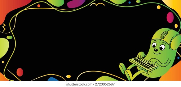 Una Ilustración vectorial colorida y juguetona con una linda mascota verde usando un teclado, enmarcada por Formas abstractas sobre un fondo oscuro. Este diseño moderno de temática tecnológica es perfecto para alfombrillas de ratón, accesorios de escritorio, cabeceras de Sitio web, decoración de espacios de trabajo, productos digitales y marca de tecnología creativa. Estilo de Vector limpio con colores vibrantes, adecuado tanto para uso impreso como digital.