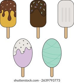 A colorful and playful vector illustration set featuring a variety of ice cream sticks in different flavors, shapes, and colors.