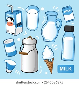 A colorful and playful vector illustration set featuring various milk and dairy product icons in a cute cartoon style