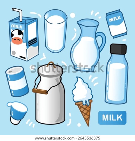 A colorful and playful vector illustration set featuring various milk and dairy product icons in a cute cartoon style
