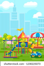 Colorful playground with child playing constructions on urban background
