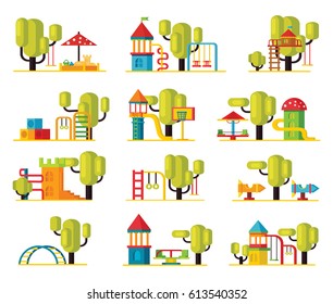 Colorful playground elements collection with swing slides ladders sandbox carousels and green trees isolated vector illustration